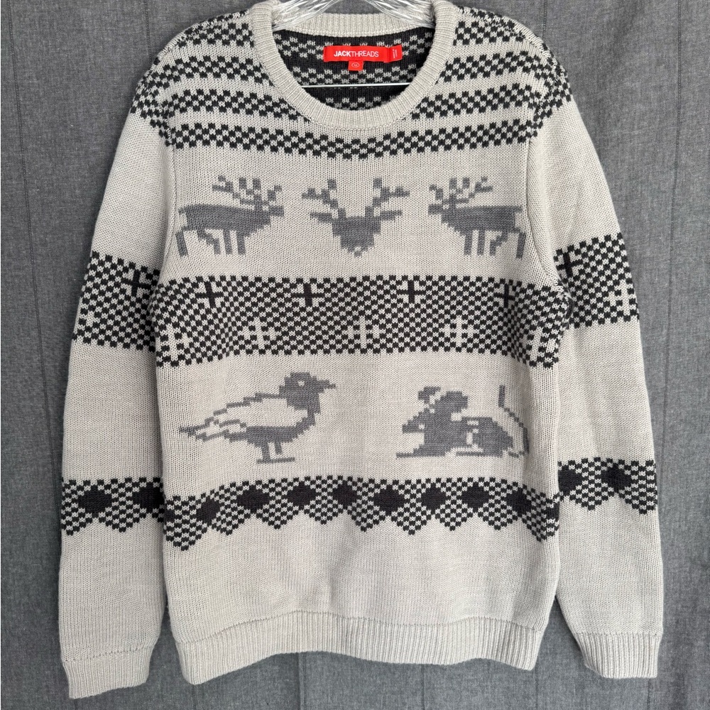 Reindeer Crow Mouse Wool blend Cream Black Knit Sweater Men’s Med Winter